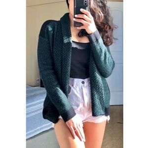 Cabi Fireside Cardigan Sweater - Open Front Green Black Chevron #3015